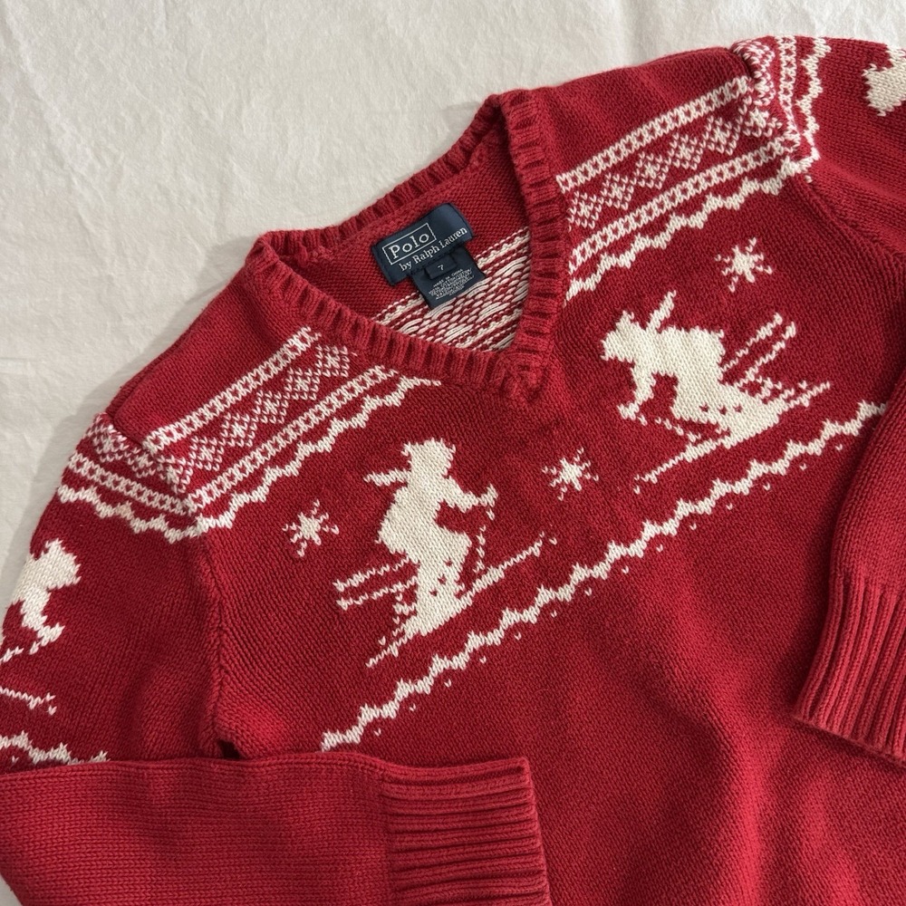 Polo By‎ Ralph Lauren Kids Size 7 Red Nordic Ski 100% Cotton V-Neck Sweater